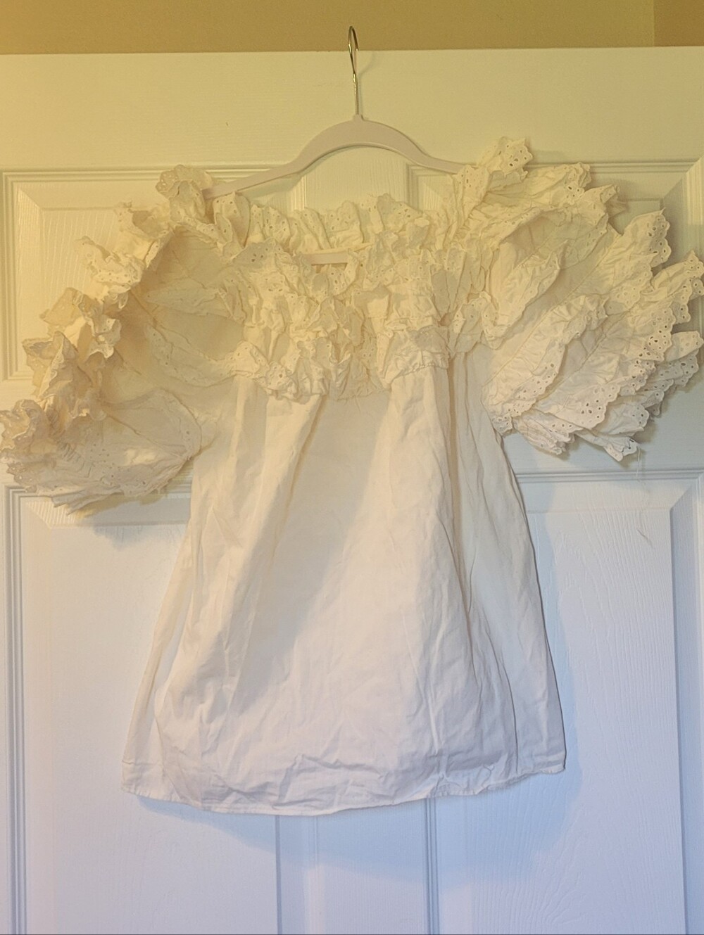 Vintage Folk White Ruffle Eyelet Off-Shoulder Top. Handmade. Best For A Medium